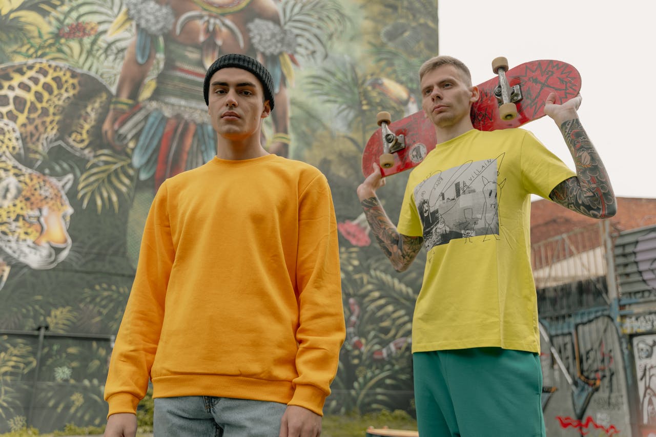 Two fashionable men posing with skateboards in front of a vibrant mural.